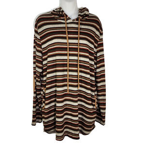 Sunshine & Rodeos Hoodie Women Large Striped Tunic Elbow Patches Pockets Western